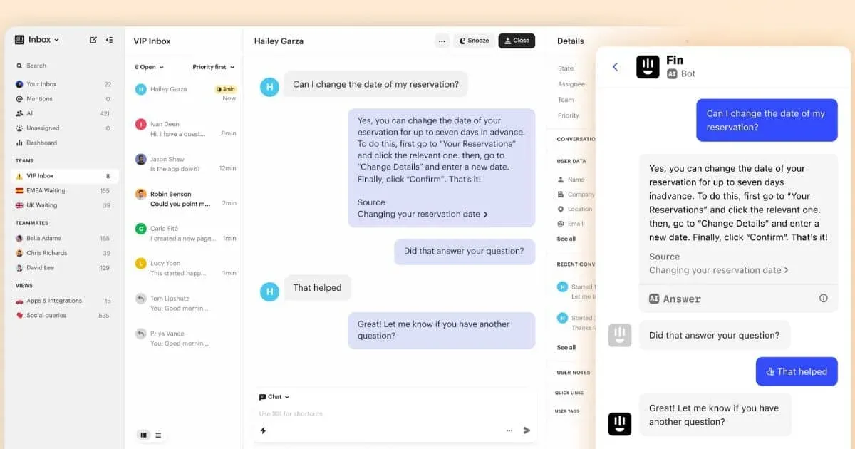 De Intercom-inbox waarin AI-agent Fin een klantvraag beantwoordt op web en mobiel