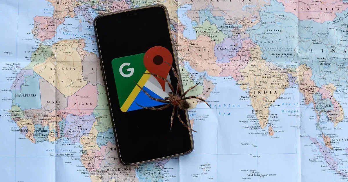 Een spin kruipt over een telefoon met het Google Maps-logo op een papieren wereldkaart
