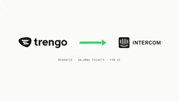 Merkgraphic van de migratie van Trengo naar Intercom, een groene pijl van het Trengo-logo naar het Intercom-logo