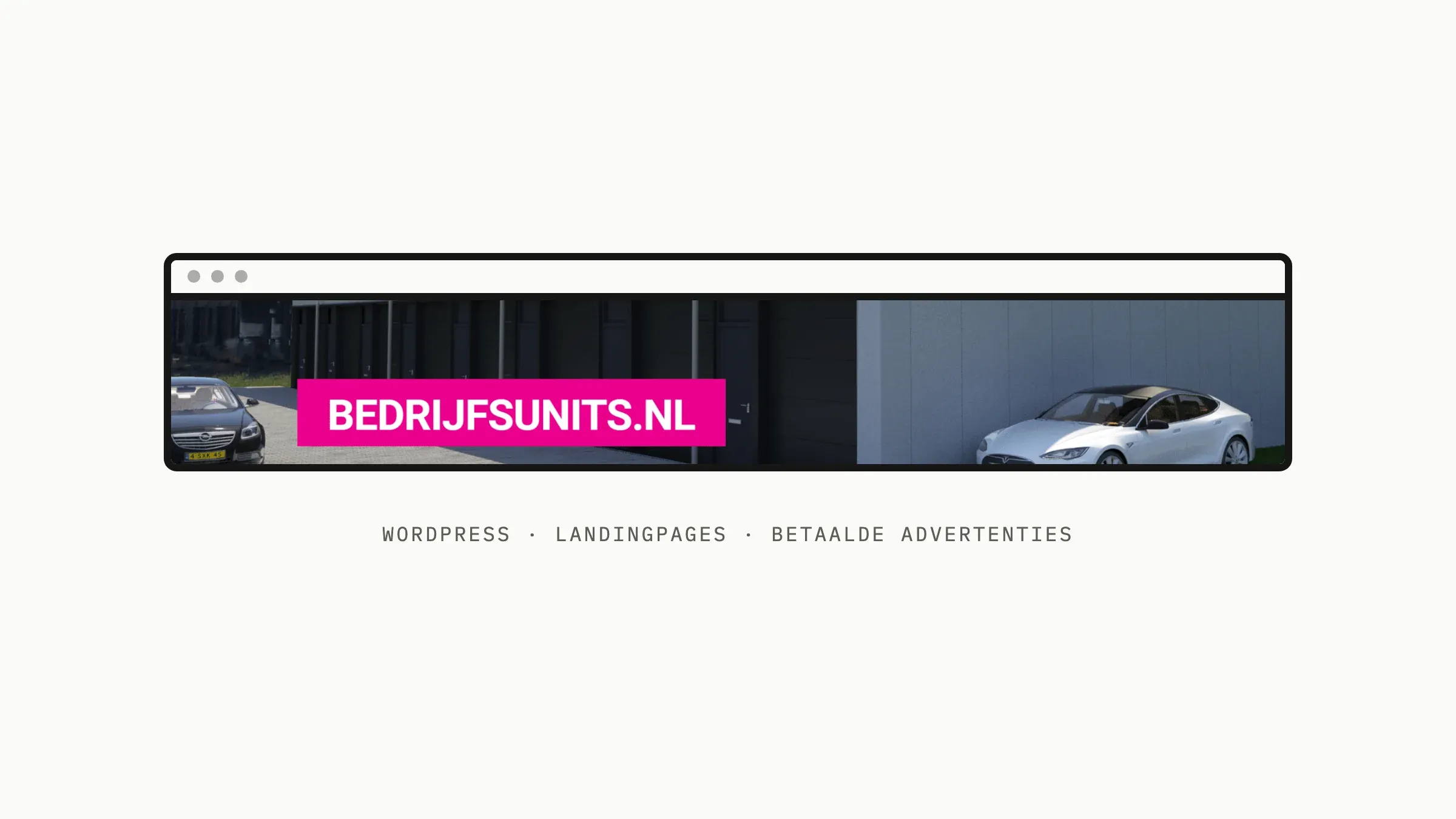 Merkgraphic van een browservenster met de homepage van bedrijfsunits.nl, de vastgoedwebsite die we bouwden